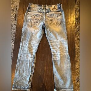 Rock Revival 33/32. Men's Blue Jeans with Embroidered Pockets